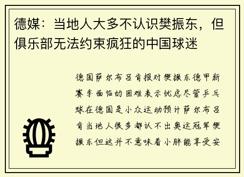 德媒：当地人大多不认识樊振东，但俱乐部无法约束疯狂的中国球迷